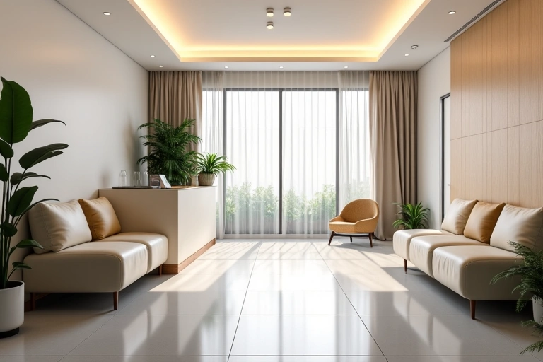 Bright and welcoming clinic interior with modern decor and comfortable seating.