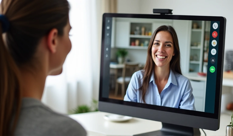 A person on a video call receiving online nutrition consultation, smiling and engaged in discussion with a health professional on screen.